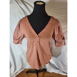 NWT Gap Top Womens XS Terracotta Puff Sleeve Henley V Neck